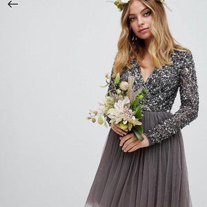 Maya Petite Long sleeve wrap sequin tulle